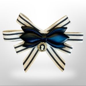 Bow Brooch with Cameo made with Vintage Components Black & White Striped Ribbon